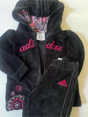 adidas Kids Black Velvet Hoodie & Jogger Set with Pink Embroidery